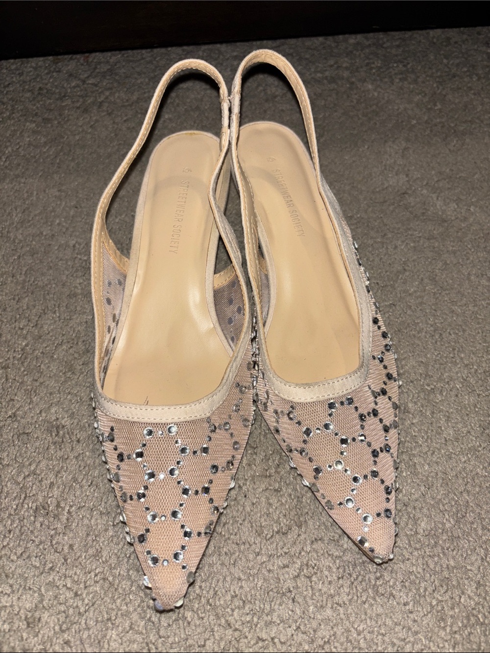 Nude Rhinestone Mesh Slingback Kitten Heels
